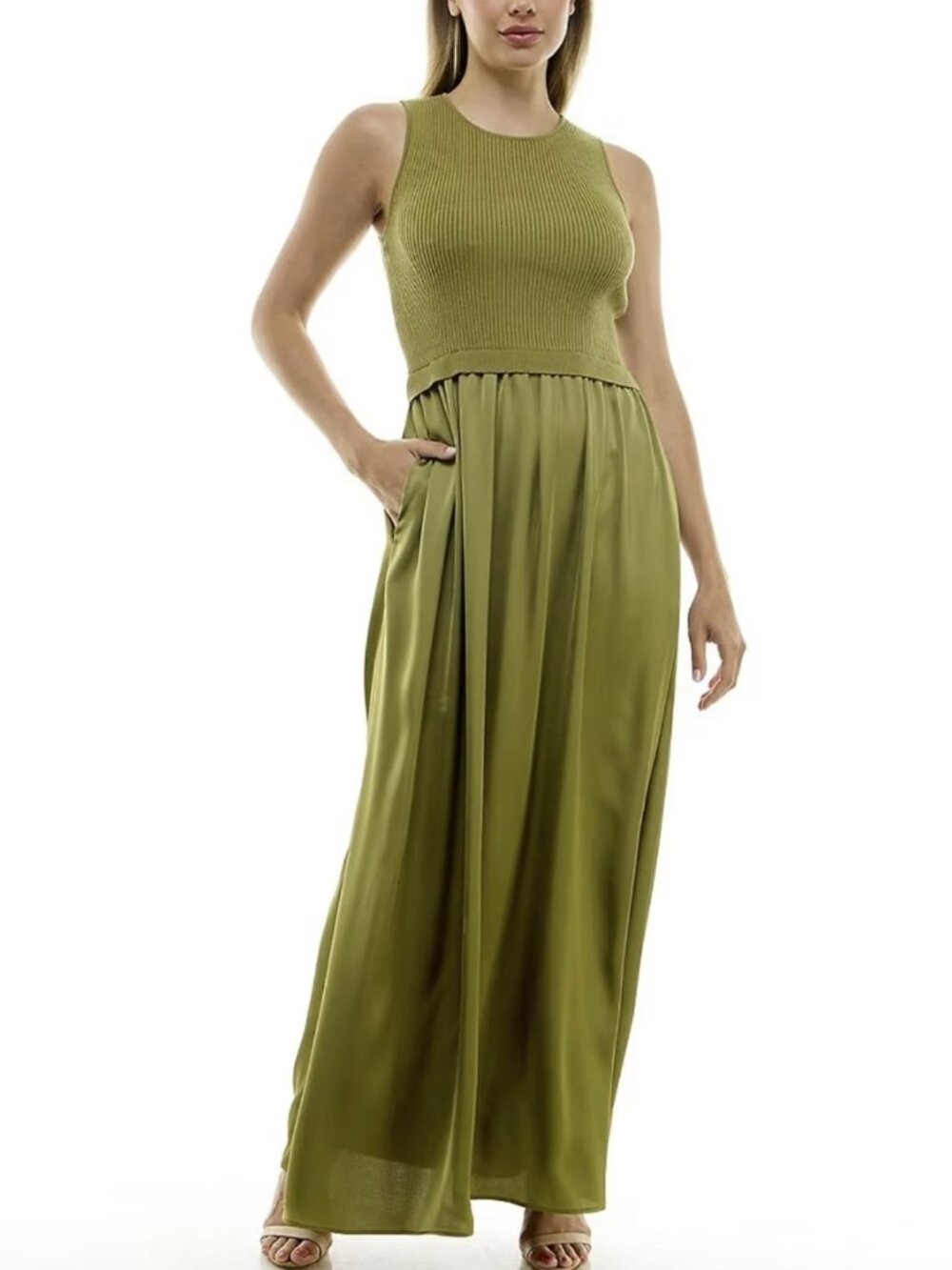 Taylor Olive Green Mixed Media Maxi Dress M Ribbed Knit Satin Pockets Boho Fairy